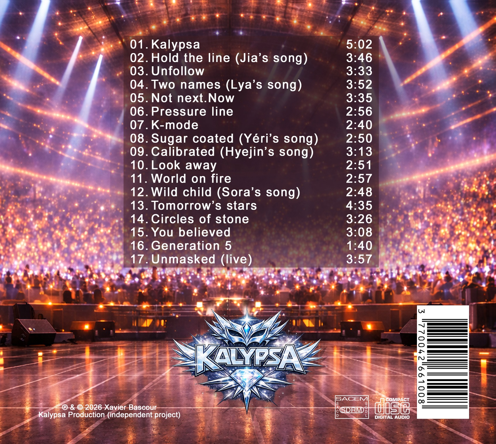 Jaquette arrière et liste des titres du CD KALYPSA